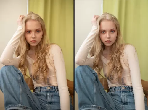 Стильный женский портрет блондинки в джинсах для профессиональной модельной съемки